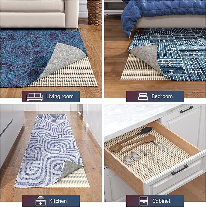Non-Slip Rug Pad Gripper 10x14 Feet, Anti-Skid Mat for Under Area Rugs, Keeps Rugs in Position and Safe, Thick Cushioned Carpet Pad for Hardwood Floors Protection