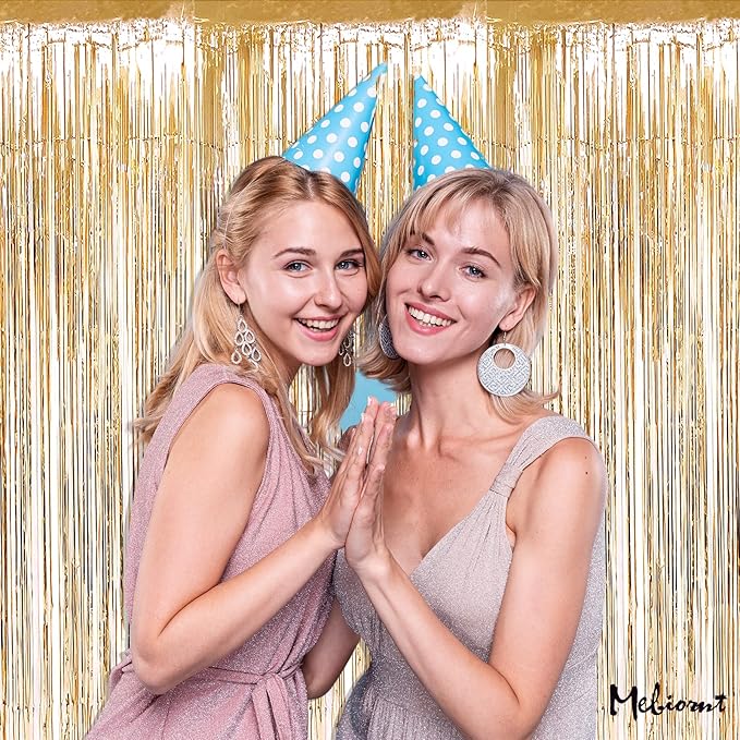 4 Pack Champagne Gold Fringe Curtain Backdrop, 3.2Ft x 8.2Ft Metallic Tinsel Foil Fringe Streamers Background for Photo Booth Birthday Wedding Baby Shower Carnival Easter Mother’s Day Party Decoration