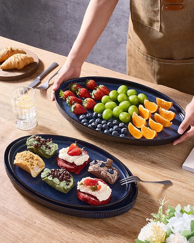 famiware Serving Platter, 16/14.6/12.9 Inch Serving Dishes for Entertaining, Party Serving Trays for Food, Buffet Oval Platters for Food, Large Plates for Bread Turkey Cheese Appetizer, Nebulas Blue