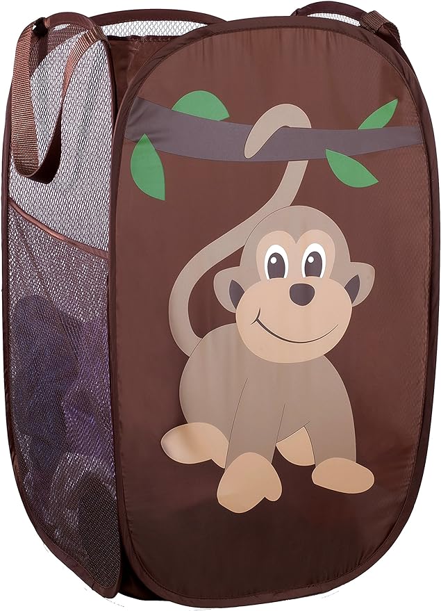 Handy Laundry Collapsible Mesh Pop Up Hamper with Wide Opening and Side Pocket - Breathable, Sturdy, Foldable, and Space-Saving Design for Clothes and Storage (Monkey)