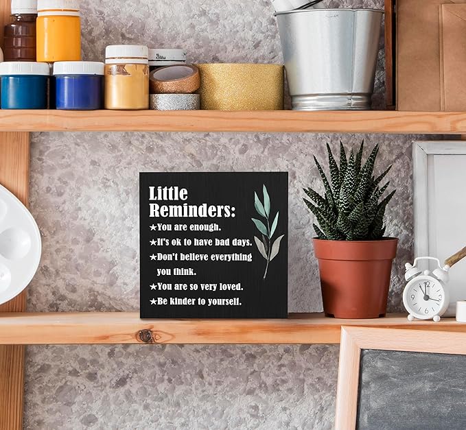 SRADMO Inspirational Little Reminders Wood Box Sign Desk Decor, Inspirational Desk Decor, College Motivational Positive Affirmation Gifts Box Sign For Office Home Dorm Tabletop Shelf Decoration(Black)