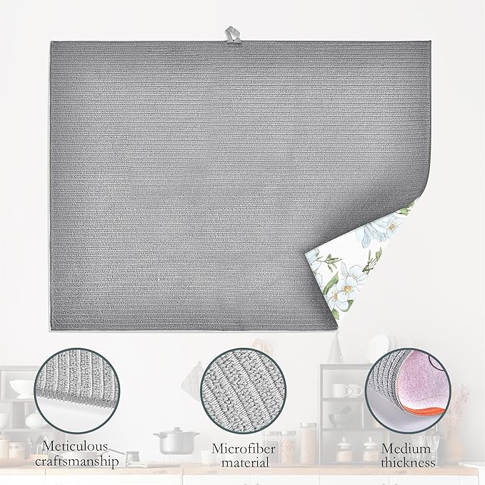 White Chamomile Flowers Dish Drying Rack Mats Decor, Dish Pad Drying Mat Kitchen Counter 18x24 Inch Absorbent Reversible Microfiber for Coffee Bar Sink Countertop
