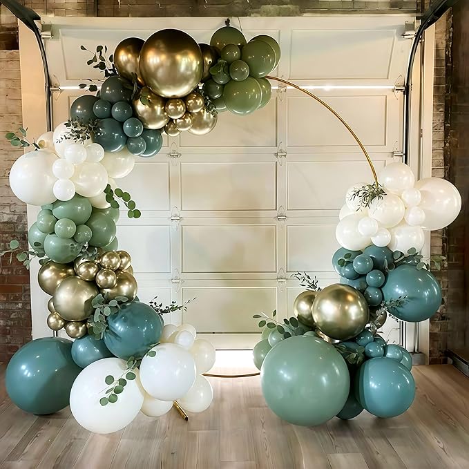 Dusty Sage Green Blue Gold Balloon Garland Kit, 107 PCS Pastel Olive Green Slate Blue Beige Metallic Gold Balloon Arch Kit for Women Men Boho Birthday Wedding Baby Bridal Shower Party Decorations