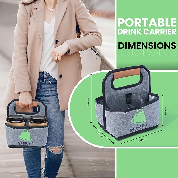 Good E's 4 Cup Reusable Coffee Cup Carrier for Delivery, Insulated, Waterproof, Portable Tote Bag Drink Holder with Leather Handle Organizer for Cold/Hot Beverages (16oz to 24oz)