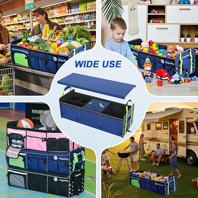 Bold Color Block Trunk Organizer | 95L, 35"x13.8"x11.8" | Dedicated Shoe Storage & 26L Ice Pack | Foldable for SUV/Car/Jeep | Car Accessories for Men & Women - Blue-X212