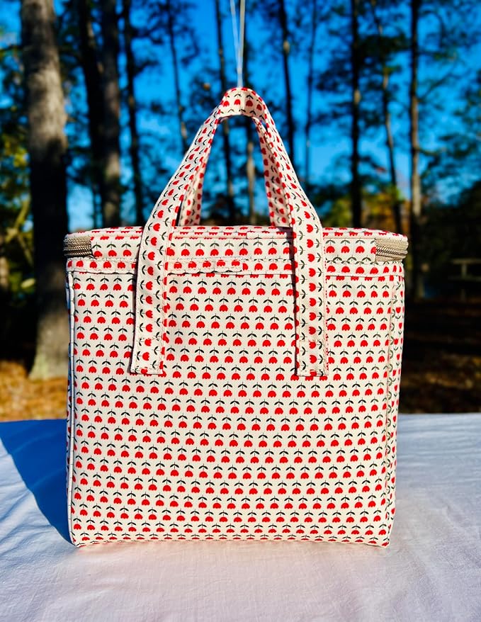 Kwang Min Floral Insulated Lunch Bag for Women,Reusable Lunch Box,Large Cooler for Office,Picnic Outdoors,Premium Quality Waterproof Fabric,Ideal Gift for Outdoors and work (Red Tulips)