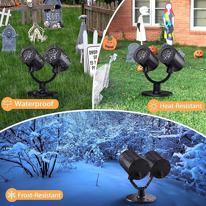 Toodour Halloween Projector Lights Outdoor, Double Head Dynamic Halloween Lights Projector with Timer, Waterproof White Ghost Decorations Light for Indoor Outdoor Home Window Wall Decorations