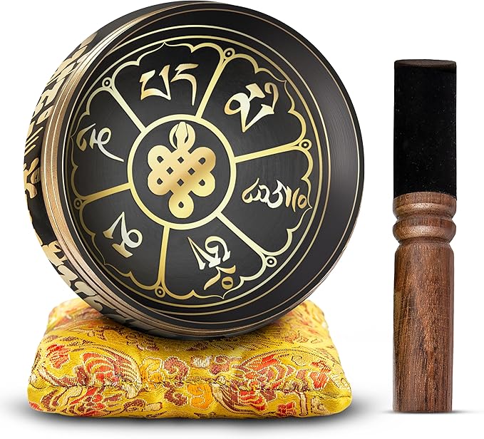 Tibetan Singing Bowl Set Bronze - Master Healing Grade - With Tibetan Thangka Art - Pure Tone By HIMALAYAN BAZAAR (Black & Yellow)