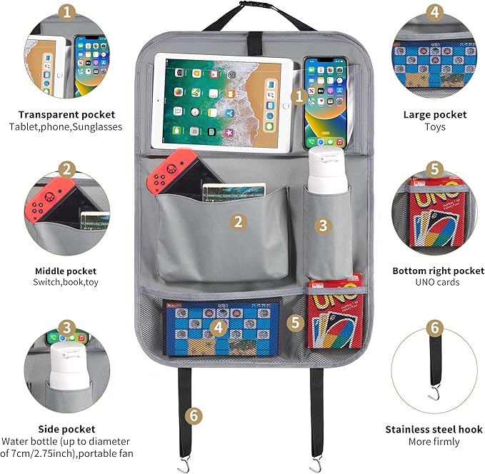 LUCMO Car Backseat Organizer with Tablet Holder, 6 Storage Pockets Car Storage Organizer with Foldable Food Tray, Protectors Kick Mats Travel Accessories - Grey