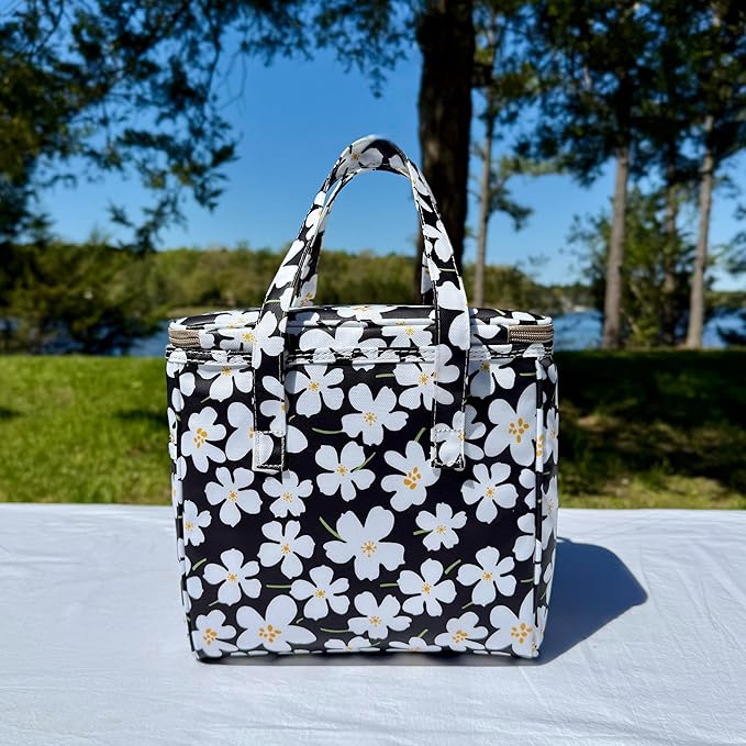 Kwang Min Floral Insulated Lunch Bag for Women,Reusable Lunch Box,Large Cooler for Office,Picnic Outdoors,Premium Quality Waterproof Fabric,Ideal Gift for Outdoors and work (Black Rose)