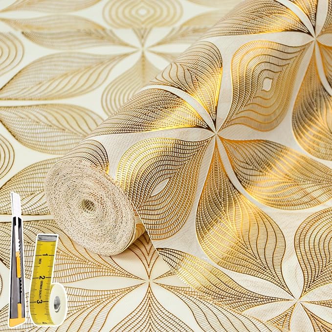 Drawer and Shelf Liner for Kitchen Cabinet,Non-Adhesive Waterproof Drawer Liner for Dresser & Bathroom Vanities with Adhesive Dots & Cutting Tool(12 in X 30 Ft Gold Leaf Pattern)