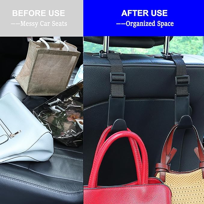 Amooca Headrest Hooks for Car, Adjustable 4 Pack Vehicle Seat Back Organizer Storage Hanger Holder for Purse Bags, Universal Fit with Clip, Black