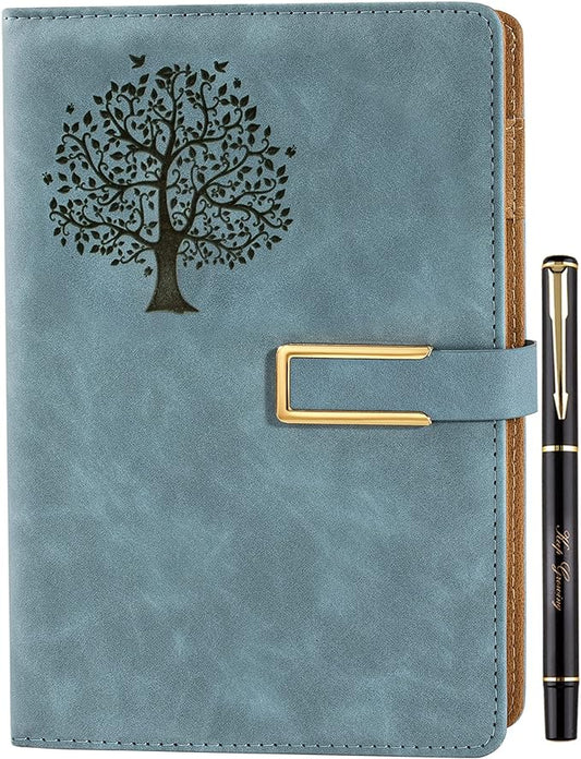 Fanery Sue Tree of Life Refillable Writing Journal for Women&Men Faux Leather Hardcover Notebook A5 College Ruled 200 Lined Pages Lay-Flat Diary with Pen&Magnetic Buckle (Tree of Life-Light Blue)