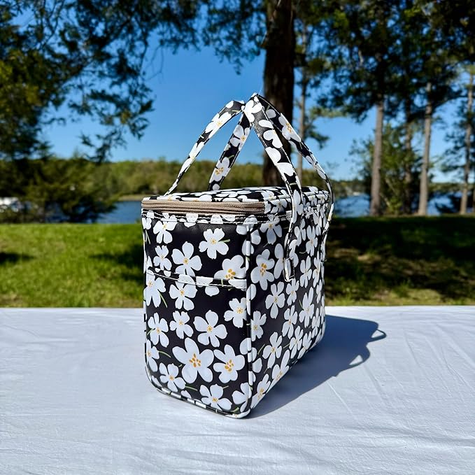 Kwang Min Floral Insulated Lunch Bag for Women,Reusable Lunch Box,Large Cooler for Office,Picnic Outdoors,Premium Quality Waterproof Fabric,Ideal Gift for Outdoors and work (Black Rose)