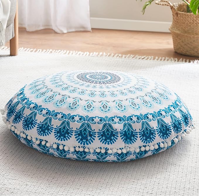 Codi Meditation Floor Pillow, Round Large Pillows Seating for Adults, Bohemian Mandala Circle Cushion for Outdoor Fireplace Yoga Living Room, 32 Inch, Memory Foam Added, Aqua