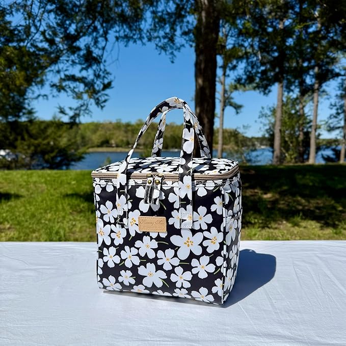 Kwang Min Floral Insulated Lunch Bag for Women,Reusable Lunch Box,Large Cooler for Office,Picnic Outdoors,Premium Quality Waterproof Fabric,Ideal Gift for Outdoors and work (Black Rose)