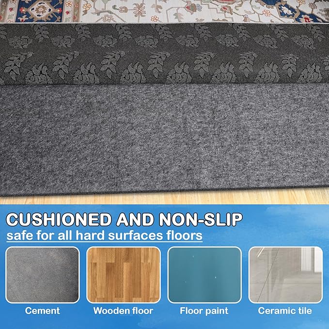 Non-Slip Rug Pads 1/4” Thick, 9x12Ft Waterproof Rugs Non Skid Rug Pad for All Floors and Finishes Durable Hardwood Floor Protective Felt Keeps Rugs in Place, Safe and Secure