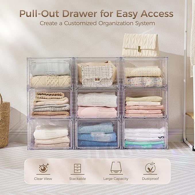 Vtopmart 9 Pack 18QT Clear Stackable Storage Drawers, Easily Assembled Closet Organizers, Plastic Storage Bins for Bathroom, Cabinet, Kitchen Pantry, Under Sink Organization (Medium)