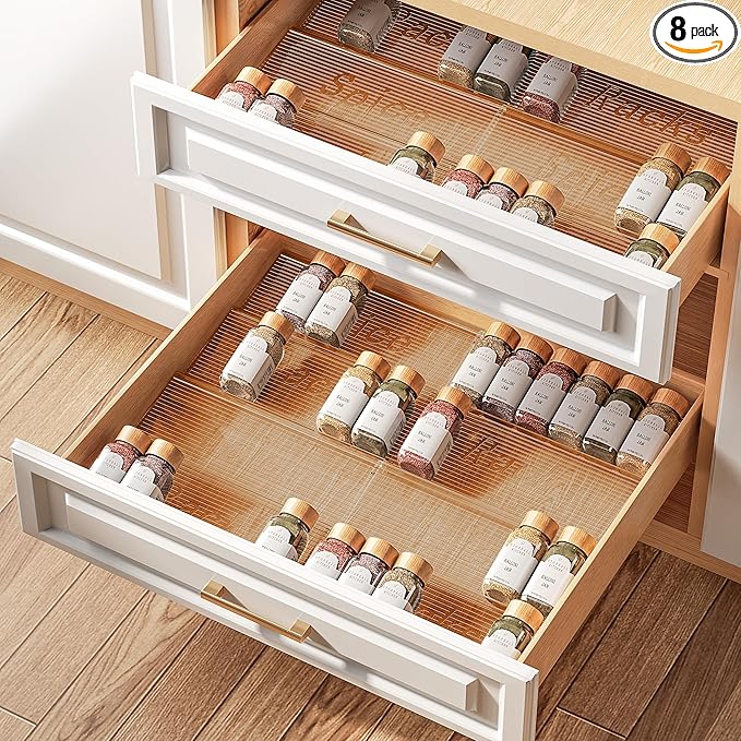 PanPanPal 8 Packs Spice Drawer Organizer, 2-Tier Acrylic Drawer Seasoning Organizer, Expandable From 11'' to 22'' Kitchen Spice Rack Organizers and Storage for Drawer (Jars not included), Amber