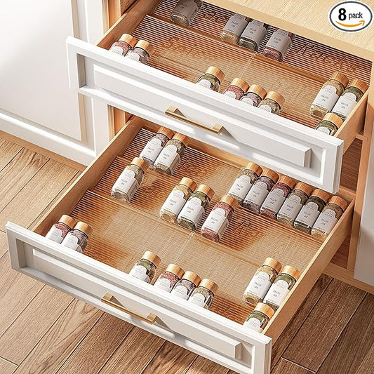 PanPanPal 8 Packs Spice Drawer Organizer, 2-Tier Acrylic Drawer Seasoning Organizer, Expandable From 11'' to 22'' Kitchen Spice Rack Organizers and Storage for Drawer (Jars not included), Amber