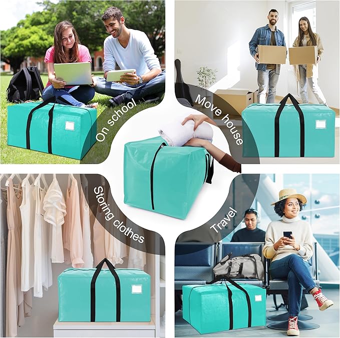VELVETSURE 12 Pack Heavy Duty Large Moving Bags W/Backpack Straps - Strong Handles & Zippers, Storage Totes For Space Saving, Fold Flat, Alternative to Moving Box and Storage Bin, Aquamarine