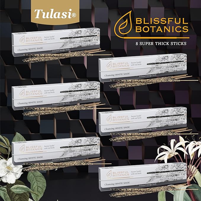 Tulasi White Sage Smudge Incense Sticks Pack – 48 Natural Smudge Sticks (6 Boxes x 8), Long Burning (55 Min), Aromatherapy, Spiritual Cleansing, Meditation, Air Purifying Incense, Thanks Giving
