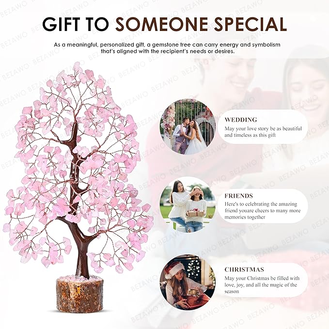 Rose Quartz Crystal Tree of Life Pink Room Decor & Healing Crystals Cute Desk Accessories Spiritual Birtdhay Gifts for Women House Warming Gifts New Home Decor for Mom Sister & Girlfriend