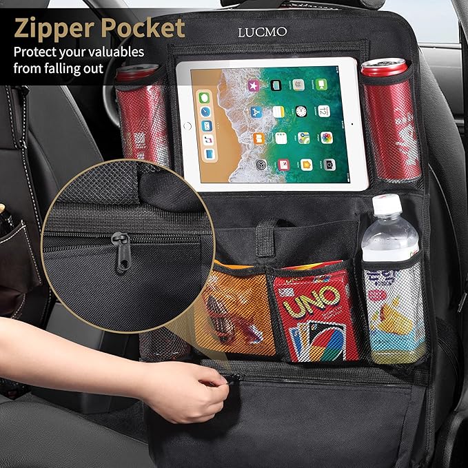 LUCMO Car Backseat Organizer with Touch Screen Tablet Holder - 2 Pcs, 9 Storage Pockets Car Storage Organizer, Protectors Kick Mats Travel Accessories for Kids - Black
