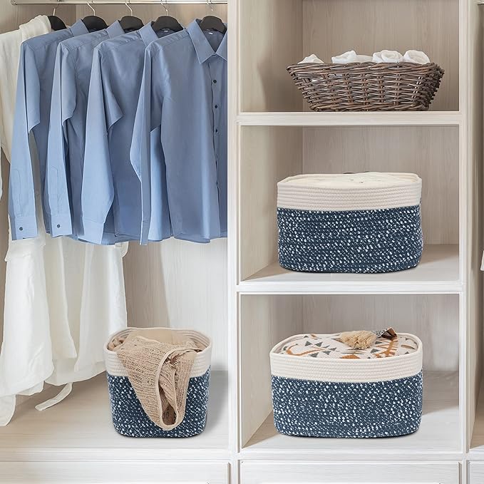 XUANGUO White and Blue Cotton Rope storage Basket Bins Woven Basket for Organizing Shelves 15X10X9.3“ Rectangle Decorative Baskets For storage Books Towels Wicker Nursery basket organizer Set of 3