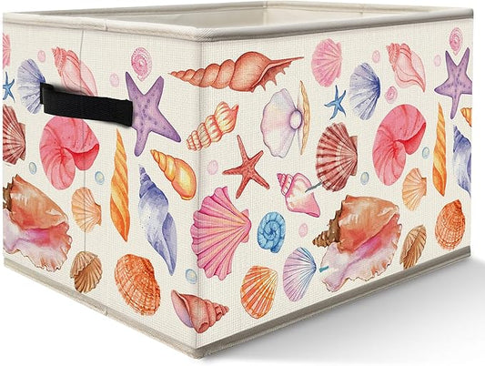 Coastal Beach Storage Bins Box with Handles, Coastal Granddaughter Room Decor, Preppy Pink Starfish Collapsible Fabric Storage Basket Box Organizer for Bedroom Bathroom Clothes Toys Books