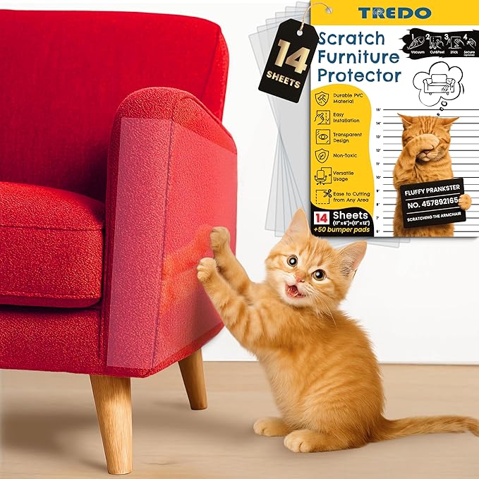 TREDO Cat Scratch Furniture Protector 14 Pack - Anti Scratch Couch Protectors for Cats - Transparent Guard for Sofas Chairs - Includes 50 Bumper Pads - No Pins Needed