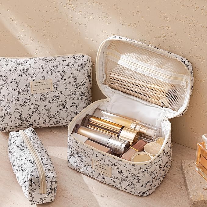 HBselect Quilted Makeup Bag, 3PCS Cotton Large Travel Makeup Bag, Cute Floral Coquette Makeup Bag Cosmetic Bag Toiletry Bag for Women Girls