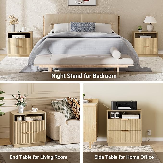 Large Fluted Nightstand Set of 2 with Charging Station, 23" Modern Farmhouse Night Stand, 2 Drawers End Table with Storage, Bedside Table for Bedroom Sofa Home Office, Natural Oak