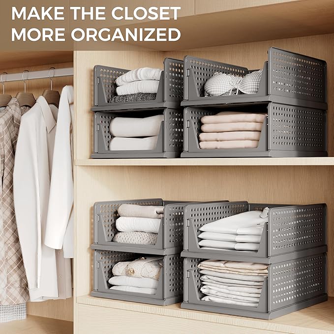 Pinkpum Black 6 Pack Closet Organizers Storage Bins, Stackable Plastic Drawer Basket for Clothing, Stackable Storage Bins Shelf Storage Container for Closet Wardrobe Bedroom Bathroom Office