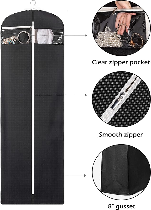 MISSLO 70" Bridal Wedding Gown Dress Garment Bag with Accessories Pouch Large Travel Garment Cover 8" Gusset (Black)