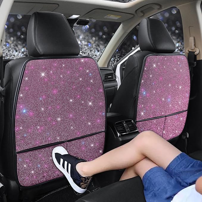 Pirador Bling Kick Mats for Car Seats with Pockets – Crystal Diamond Protectors for Girls & Women, Easy-to-Install Backseat Kick Mats with Storage & Sparkling Rhinestones Pink 2pcs