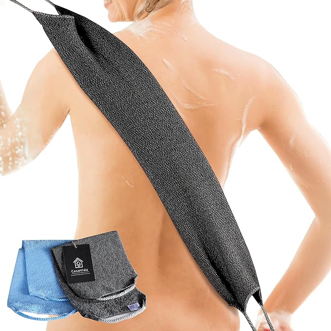 CASAVIDA Back Scrubber for Shower Nylon Bath Towel Washer Exfoliating Washcloth Rear Japanese Stretchable Strap Wash Cloth Body Exfoliation 2 Pack (Blue + Charcoal Gray)