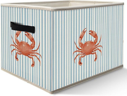 Blue Coastal Beach Crab Storage Bins Box with Handles, Blue Striped Ocean Crab Collapsible Fabric Storage Basket Box Organizer for Bedroom Bathroom Clothes Toys Books