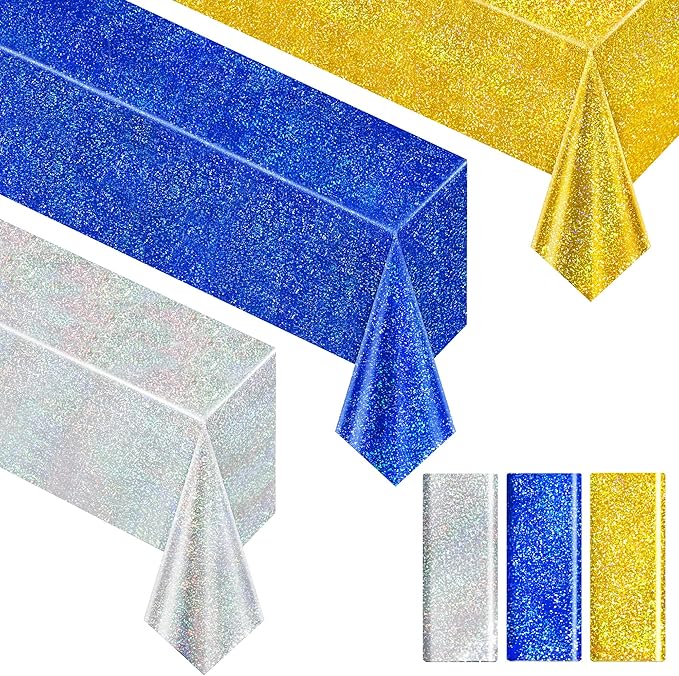 Sparkling Holographic Laser Tablecloth - Shimmering, Waterproof, Easy to Clean - Ideal for Bachelorette, Birthday, Wedding, and Anniversary Party Decorations (Dark Blue & Gold & Silver, 3)