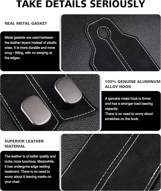 MOBIKEY Headrest Hooks for Car, 4 Pack Purse Hook for Car 100% Metal & Premium Leather 2025 Latest, Auto Organization Accessories for Bags, Purses, Phones etc (Black)