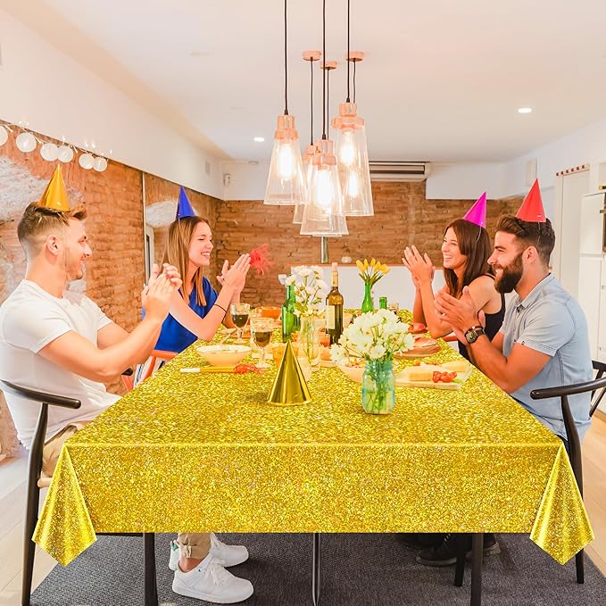Sparkling Holographic Laser Tablecloth - Shimmering, Waterproof, Easy to Clean - Ideal for Bachelorette, Birthday, Wedding, and Anniversary Party Decorations (Dark Blue & Gold & Silver, 3)