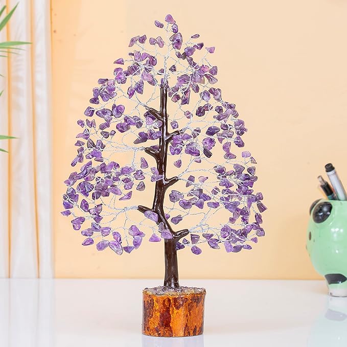 Crocon Amethyst Gemstone Tree Feng Shui Figurine Money Bonsai Good Luck Chakra Balancing Reiki Healing Crystals Decoration Ornament Sculpture Prosperity Table Decor Gift Size 10-12\