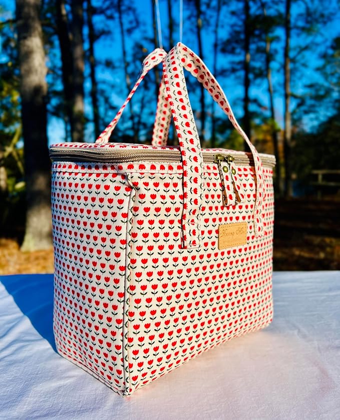 Kwang Min Floral Insulated Lunch Bag for Women,Reusable Lunch Box,Large Cooler for Office,Picnic Outdoors,Premium Quality Waterproof Fabric,Ideal Gift for Outdoors and work (Red Tulips)