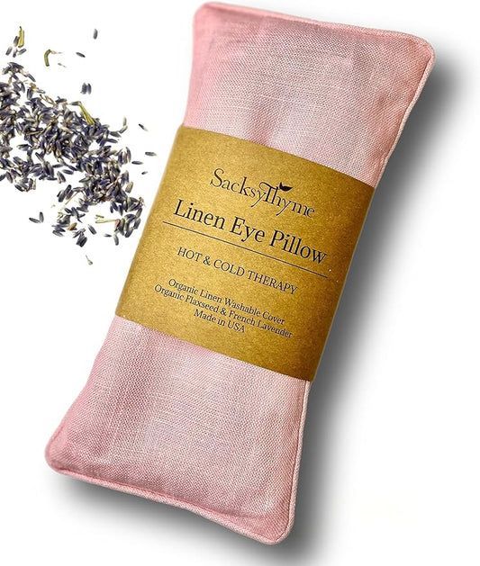 Sacksy Thyme Organic Linen Eye Pillow - Lavender & Flaxseed for Relaxation, Yoga, Stress Relief - Microwavable Heating Pad & Cool Compress - Made in USA - Gifts for Meditation