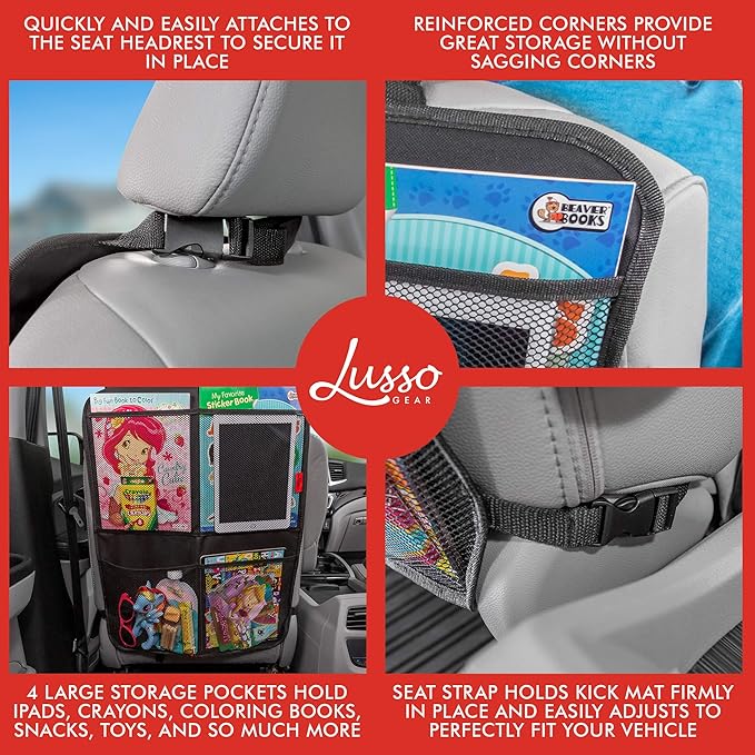 Lusso Gear Kick Mats (2 Pack) - Car Seat Back Protectors, Premium Waterproof Fabric, Reinforced Corners to Prevent Sag, and 4 Mesh Pockets for Large Storage (Red)