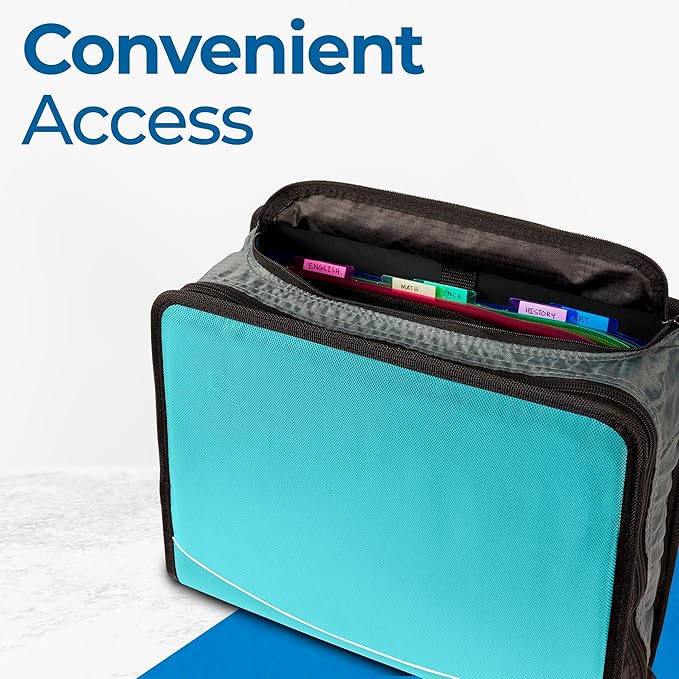 Case-it Mighty Zip Tab School Zipper Binder | 3-Inch O-Rings, 600-Sheet Capacity, 5-Subject Expanding File Folder, Multiple Pockets & Storage Organizer, Shoulder Strap | D-146 Spearmint