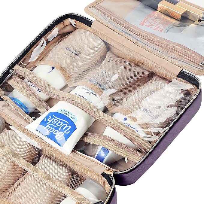NISHEL Travel Toiletry Bag for women, Portable Hanging Organizer for Travel-Sized Shampoo, Conditioner, Brushes Set, Makeup Accessories, Medium Size, Purple
