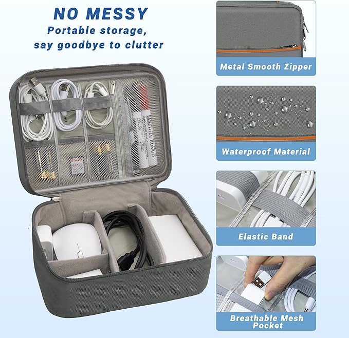 Electronics Organizer, Travel Cord Organizer Pouch, Portable Cable Organizer Bags, Waterproof Electronic Accessories Storage Case for Cables, Cords, Charger, Phone (Double Layer-Gray)