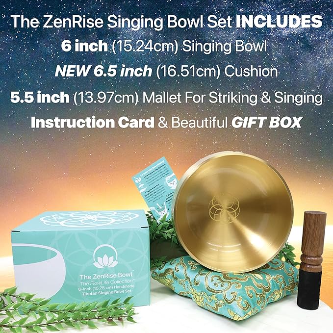 ZENPROSPERA Tibetan Singing Bowl Set – 6-Inch Sound Bowl for Meditation, Relaxation & Chakra Healing | The ZenRise Bowl - Flower of Life Edition - With Mallet, Gift Box, & Cushion