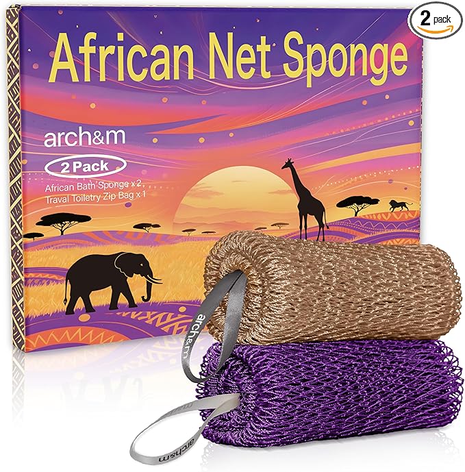 African Net Sponge Authentic Exfoliating - Authentic African Bath Sponges with Knots Exfoliating Body Scrubber for Women Back Scrub Exfoliator for Shower Bathroom Accessories Purple + Champagne ARCH&M